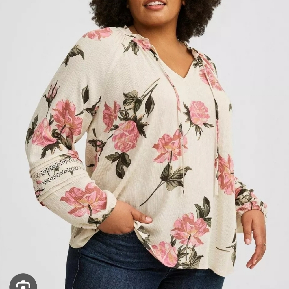 Torrid Crinkle Gauze Tie Front Long Sleeve Top Floral Print